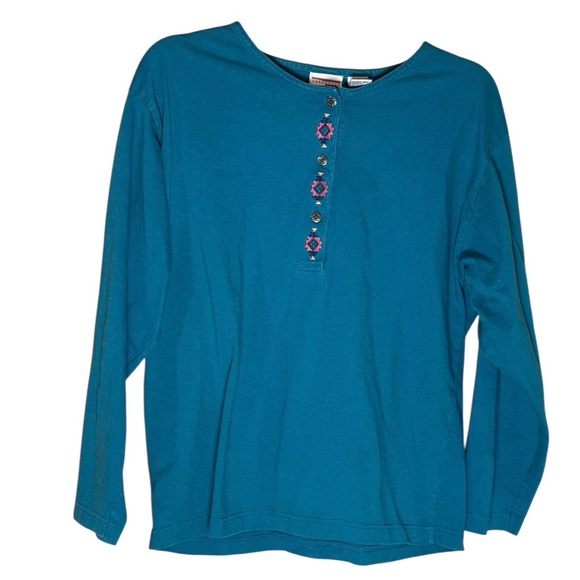 Vintage 80s Nuovo Teal Western Embroidered Metal Bitton Top Size Medium - Picture 2 of 7